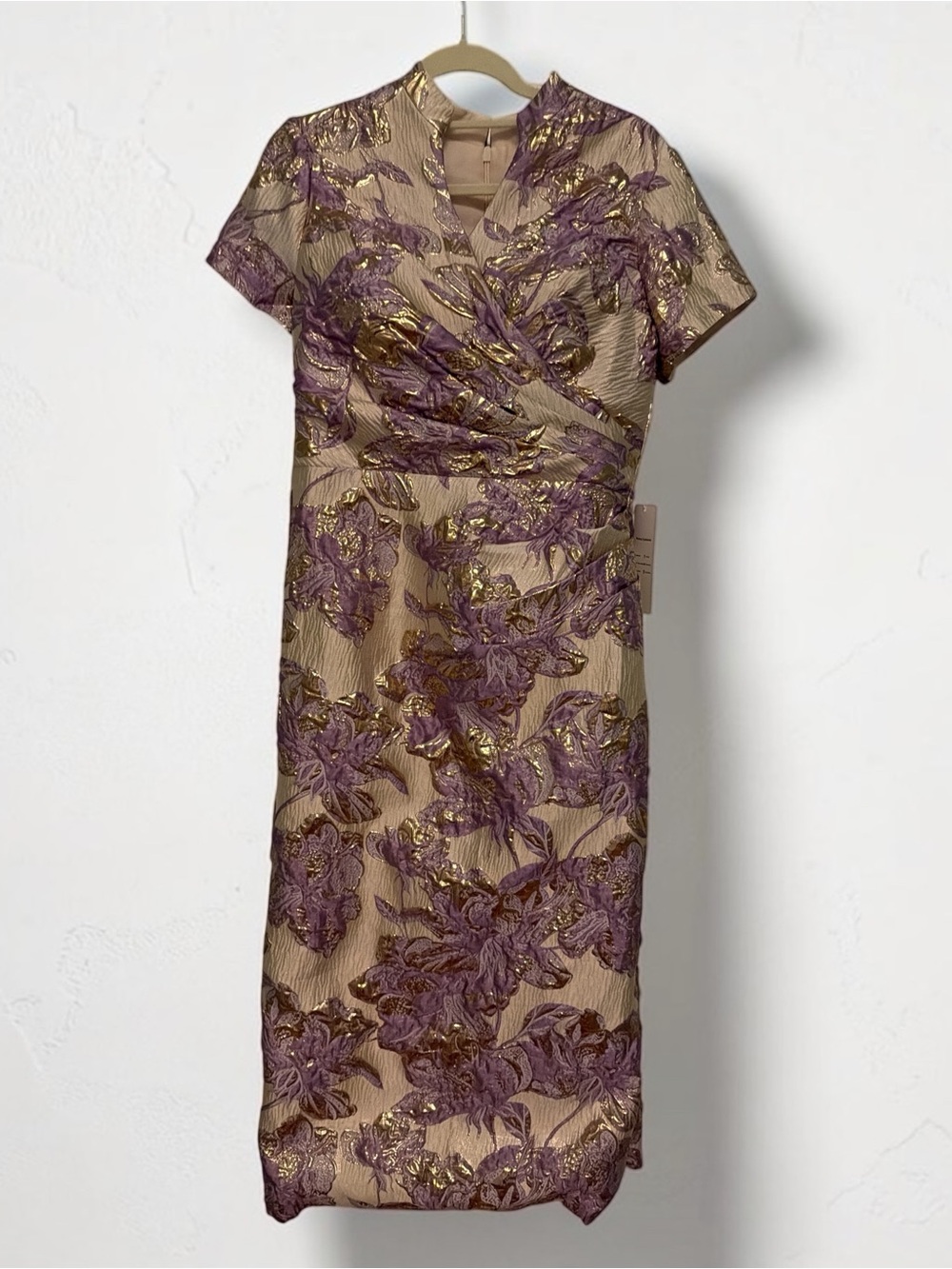 Plum and Gold Floral Wrap-Detail Midi Dress